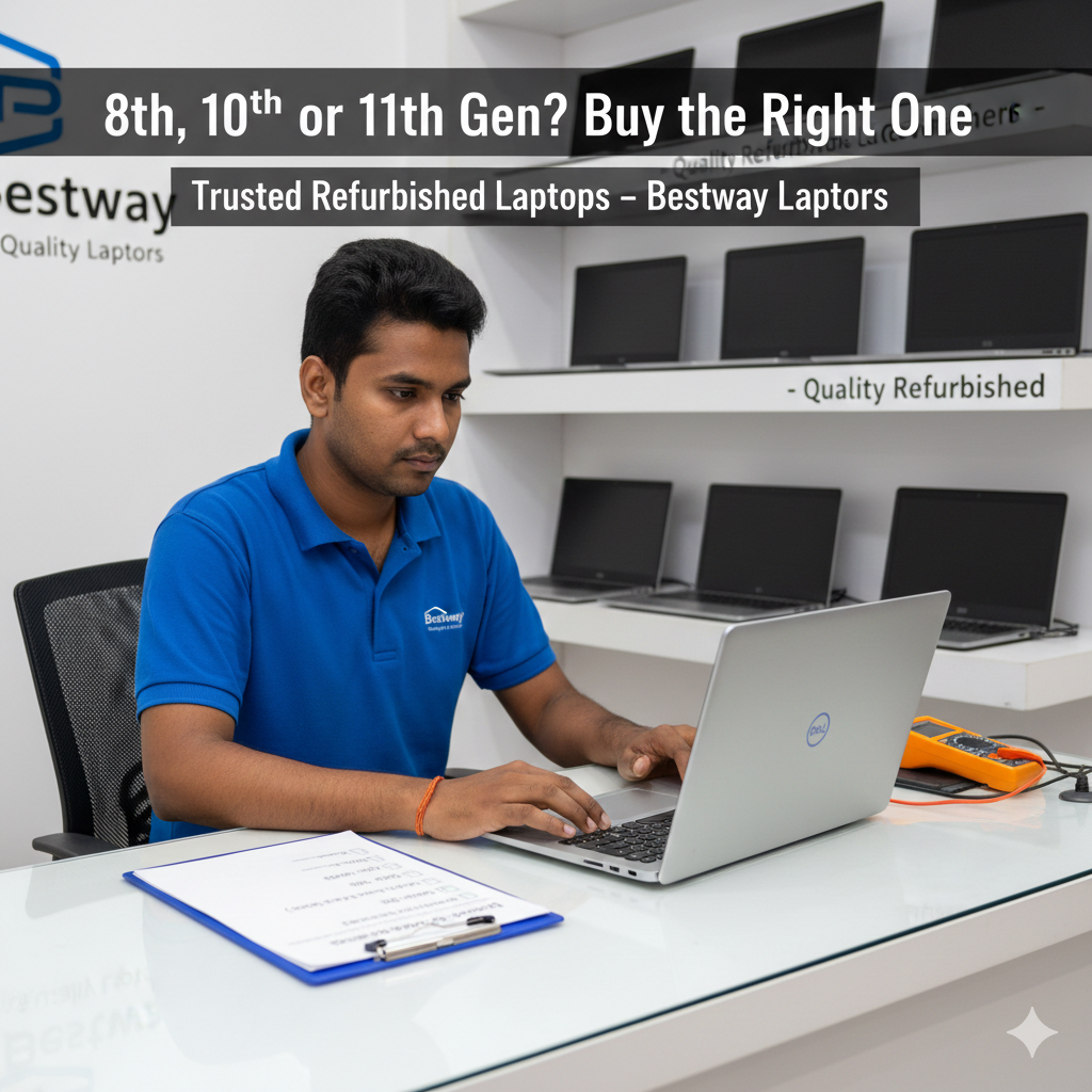 Technician checking laptop generation at Bestway Laptops refurbished store in Ameerpet Hyderabad