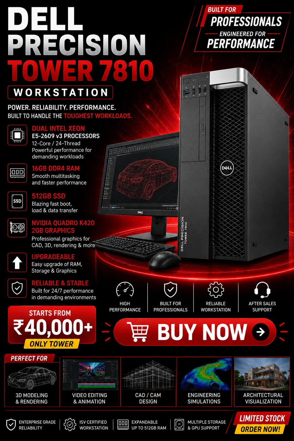 Dell Precision Tower 7810 Workstation Dual Xeon E5-2609 v3 16GB RAM 512GB SSD NVIDIA Quadro K420 Gaming Desktop in Hyderabad