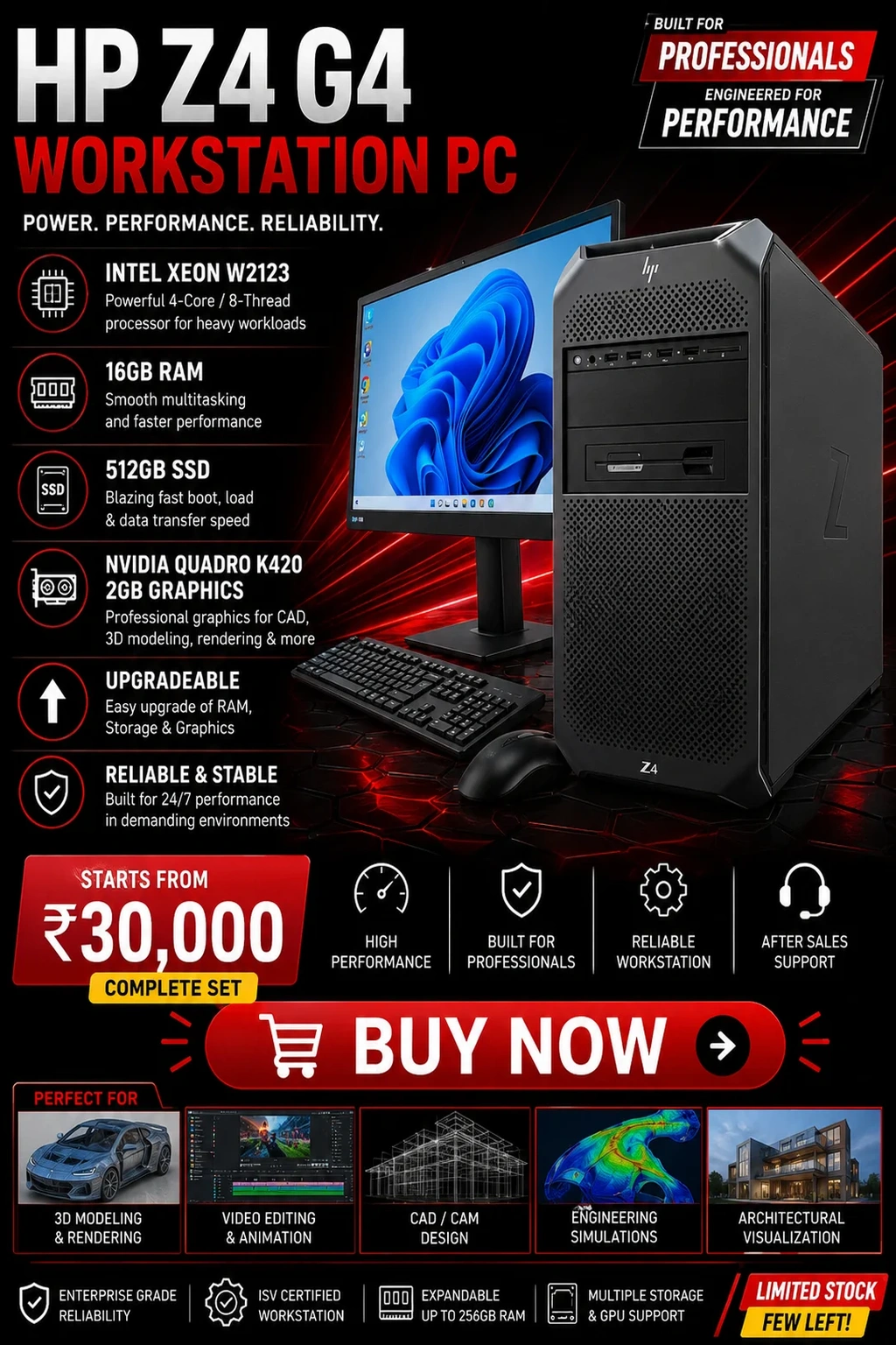 HP Z4 G4 Workstation Intel Xeon W-2123 16GB RAM 512GB SSD NVIDIA Quadro K420 2GB Gaming Desktop in Hyderabad