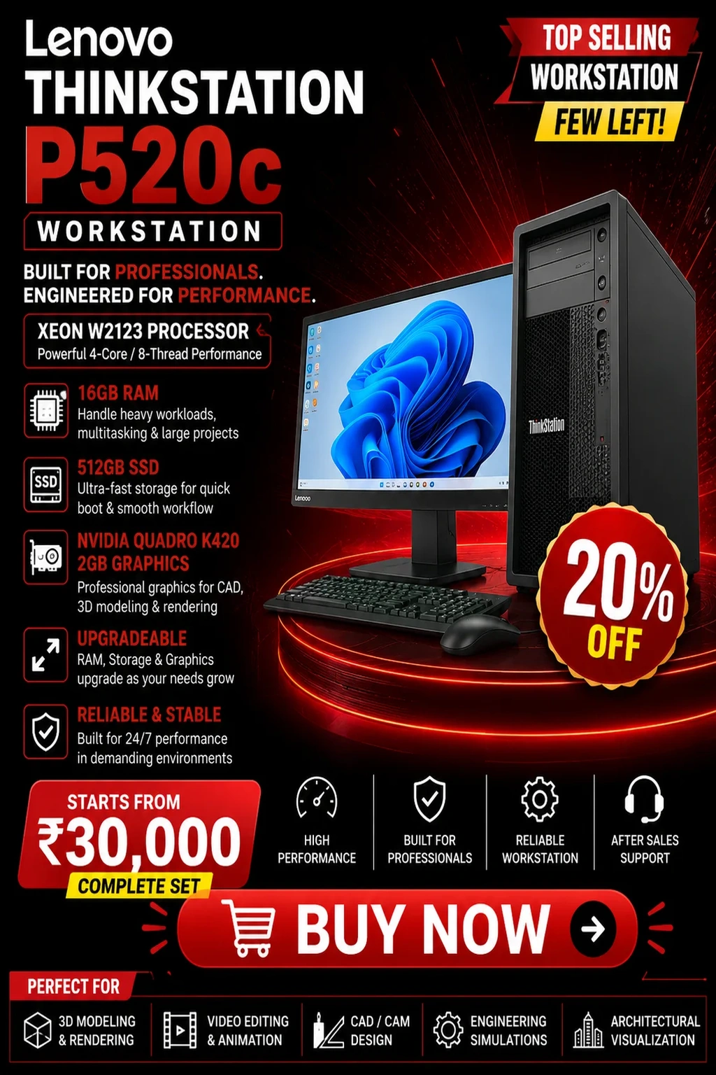 Lenovo ThinkStation P520c Xeon W-2123 16GB RAM 512GB SSD NVIDIA Quadro K420 2GB Gaming Desktop in Hyderabad