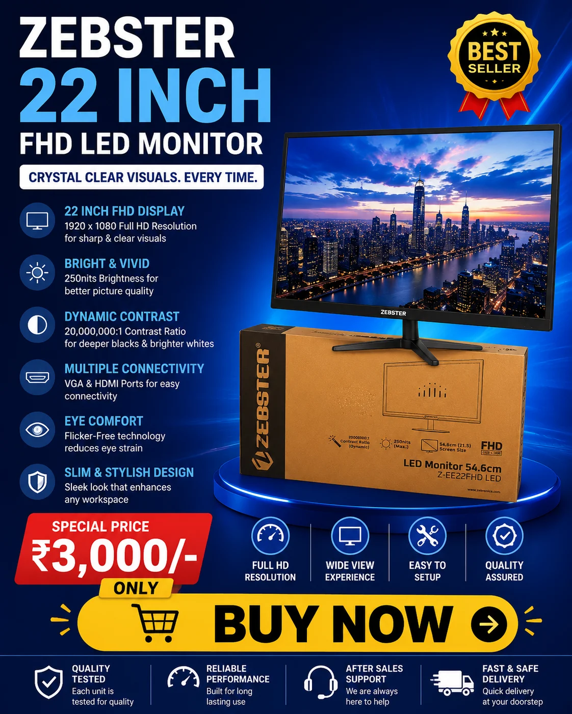 Zebster 22 Inch FHD LED Monitor Z-EE22FHD 1920x1080 Slim Bezel in Hyderabad