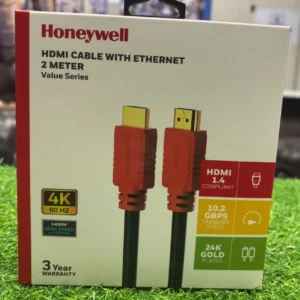 Front view of Honeywell HDMI Cable with Ethernet 2 Meter Value Series retail box showing red HDMI connectors with gold-plated tips, highlighting 4K 60Hz, HDMI 1.4 compliance, 10.2 Gbps transfer speed, and 24K gold plating