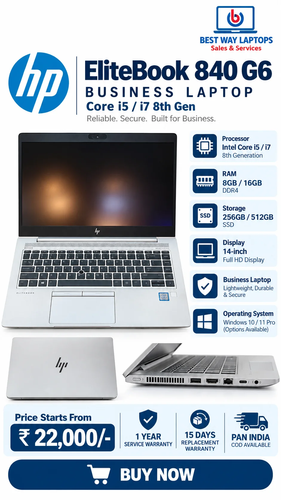 HP EliteBook 840 G6 Laptop Intel Core i7 8th Gen 8GB RAM 256GB SSD 14 Inch Business Laptop in Hyderabad
