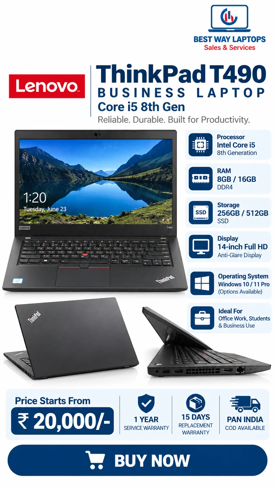 Lenovo Thinkpad T490 i5 8th Gen Laptop in Hyderabad